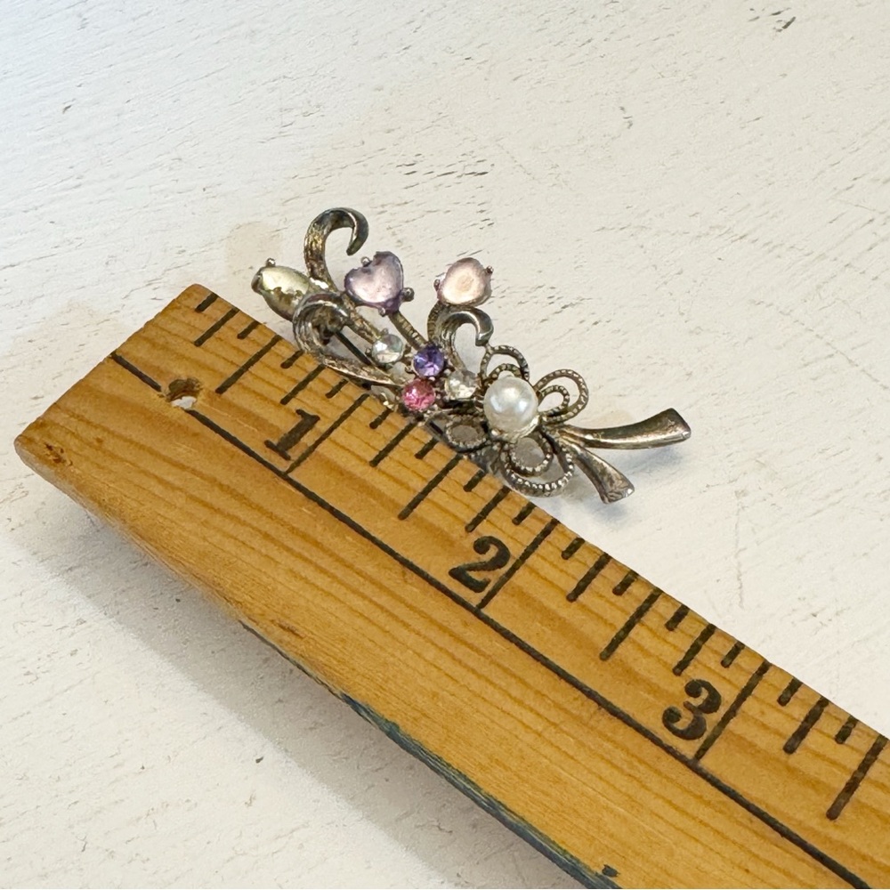 Vintage 1950s Silver ToneP Faux Pearl Rhinestone Flower Bouquet Brooch - Picture 7 of 7
